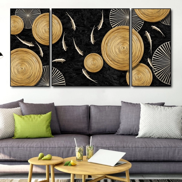 Tranh treo tường đàn cá nghệ thuật ghép 3 tấm