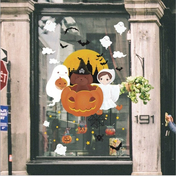 Decal 2 mặt trang trí halloween bóng ma và bí ngô