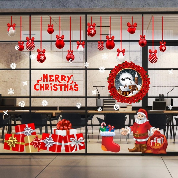 Combo decal trang trí ông già noel và hộp quà đỏ