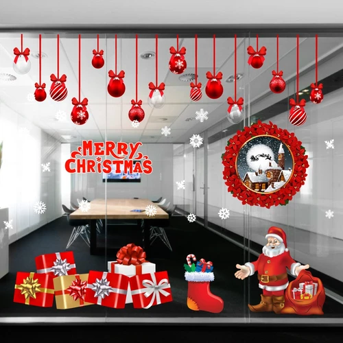 Decal trang trí combo ông già noel và hộp quà đỏ