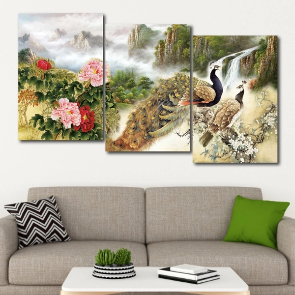 Tranh treo tường chim công và hoa mẫu đơn