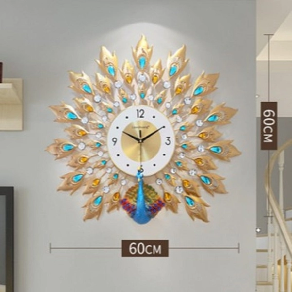 Đồng Hồ Treo Tường Đính Đá Công Xòe Đuôi Tam Sắc 512