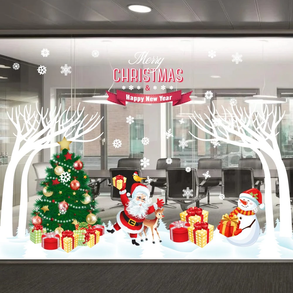 Decal trang trí combo cây thông xanh và ông già noel vui nhộn