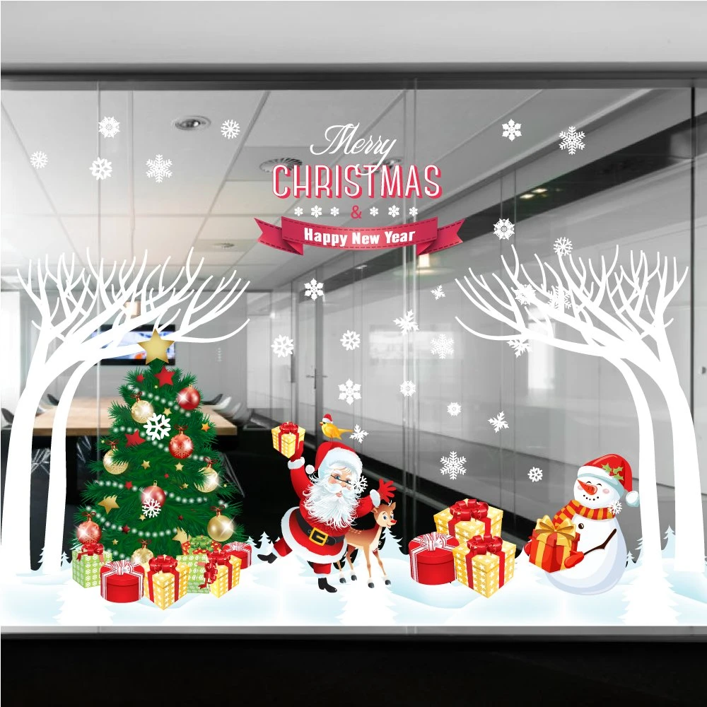 Decal trang trí combo cây thông xanh và ông già noel vui nhộn