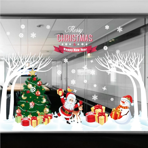 Decal trang trí combo cây thông xanh và ông già noel vui nhộn