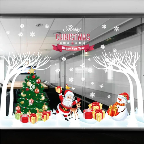 Decal trang trí combo cây thông xanh và ông già noel vui nhộn