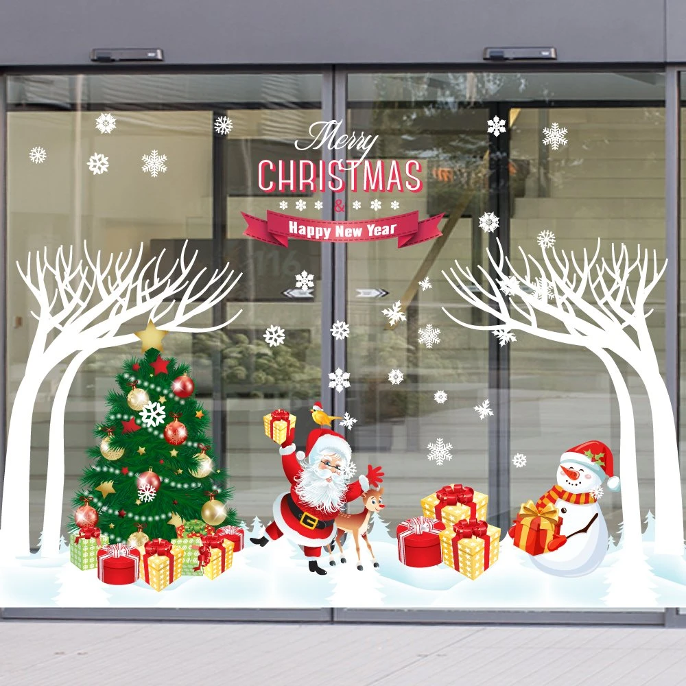 Decal trang trí combo cây thông xanh và ông già noel vui nhộn