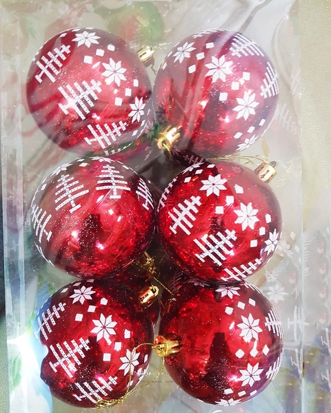 Hộp 12 quả châu đỏ 8cm họa tiết noel cao cấp