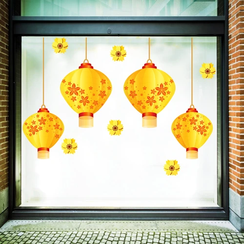 Decal Trang Trí Tết Lồng Đèn Vàng Đón Xuân