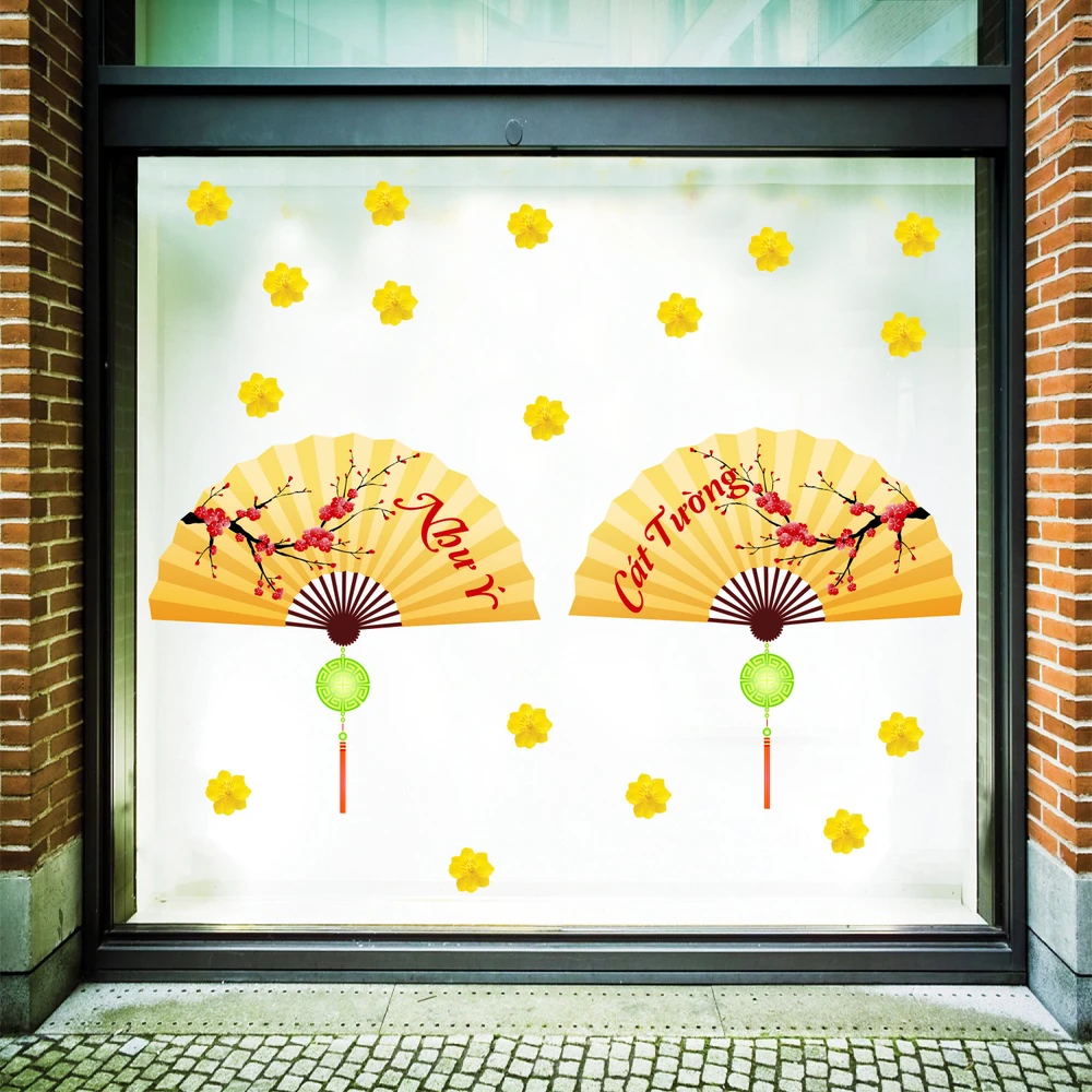 Decal trang trí tết quạt như ý vàng 2