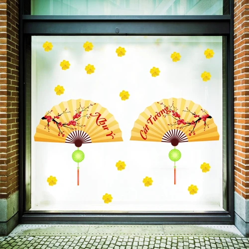 Decal trang trí tết quạt như ý vàng 2
