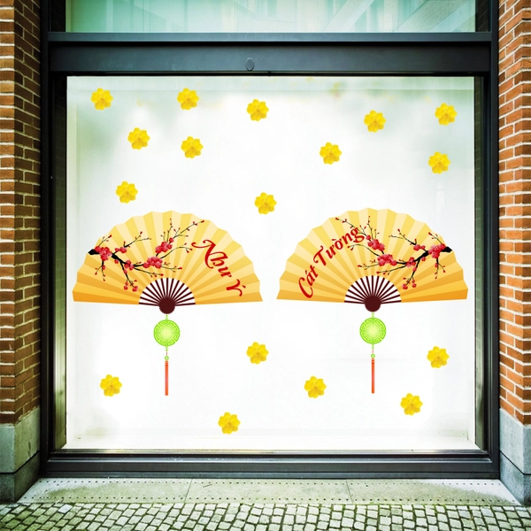 Decal trang trí tết quạt như ý vàng 2