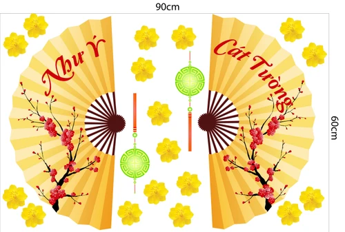 Decal trang trí tết quạt như ý vàng 2