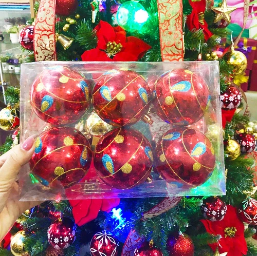Đồ trang trí noel hộp quả châu đỏ bóng họa tiết size 8cm