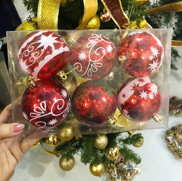 Đồ trang trí noel hộp quả châu đỏ bóng họa tiết size 8cm