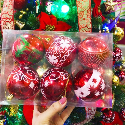 Đồ trang trí noel hộp quả châu đỏ bóng họa tiết size 8cm