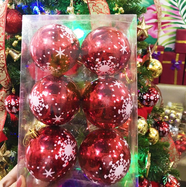 Đồ trang trí noel hộp quả châu đỏ bóng họa tiết size 8cm