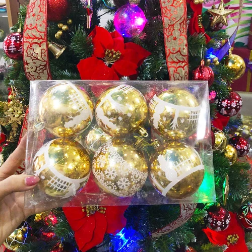 Đồ trang trí noel hộp quả châu vàng họa tiết size 8cm