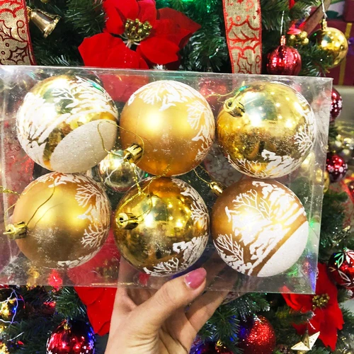Đồ trang trí noel hộp quả châu vàng họa tiết size 8cm