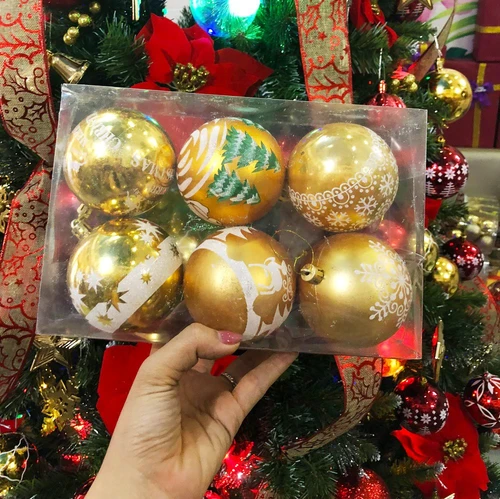 Đồ trang trí noel hộp quả châu vàng họa tiết size 8cm