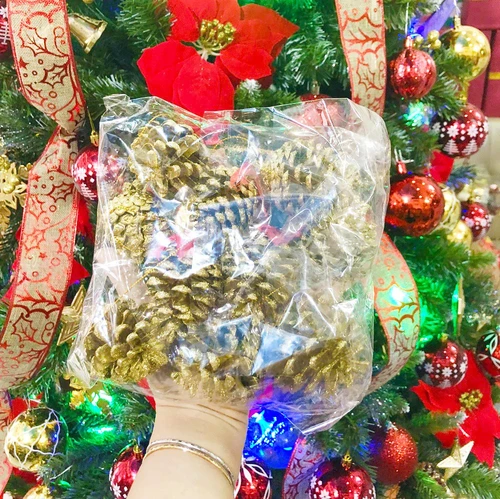 Đồ trang trí noel hộp quả thông vàng phủ kim tuyến