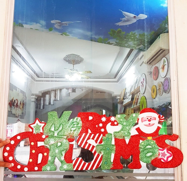 Đồ trang trí noel hình dán 2 mặt dây treo merry christmas
