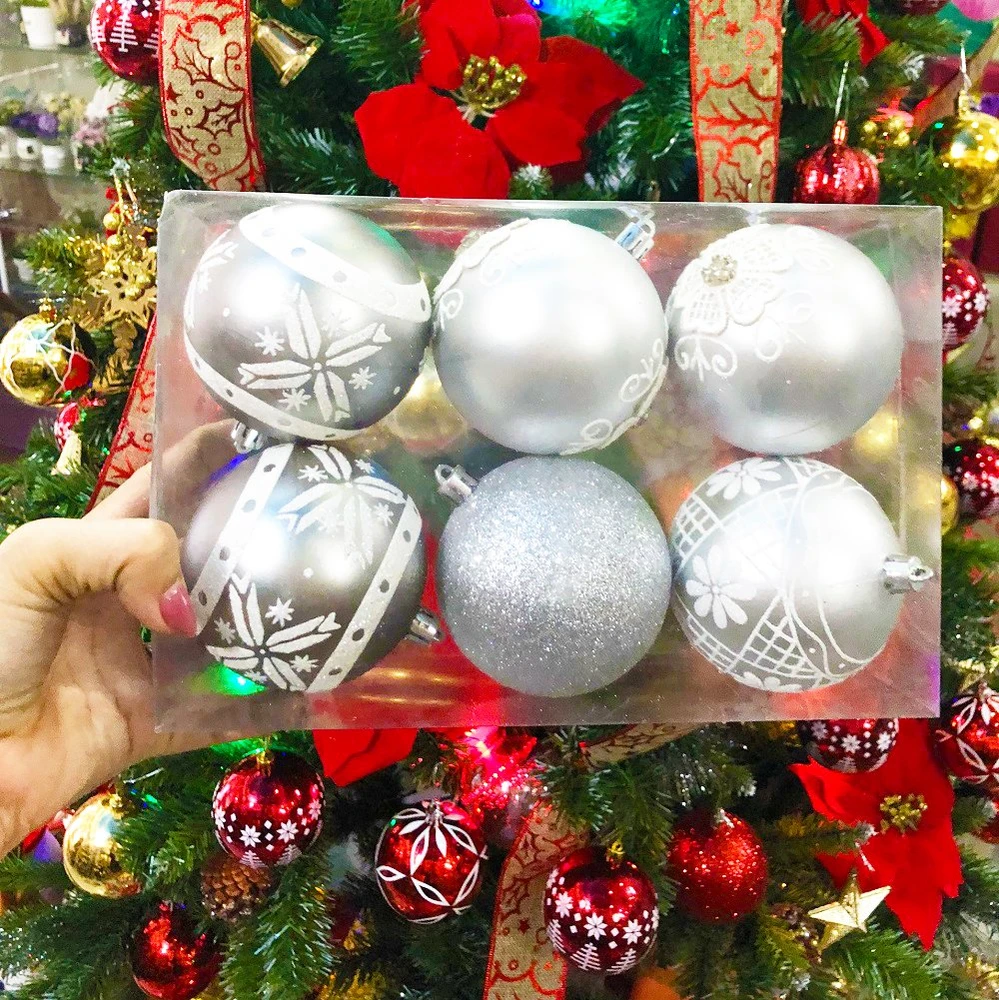 Hộp quả châu màu bạc họa tiết size 8cm trang trí noel