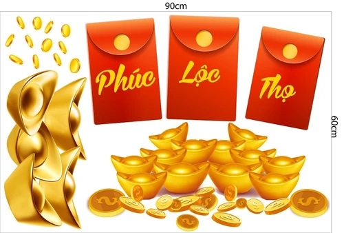 Decal trang trí tết túi tiền vàng phúc lộc thọ