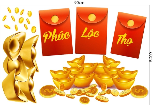 Decal trang trí tết túi tiền vàng phúc lộc thọ
