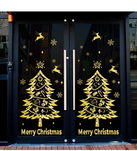 Decal trang trí Cây thông Noel và tuần lộc vàng 2021