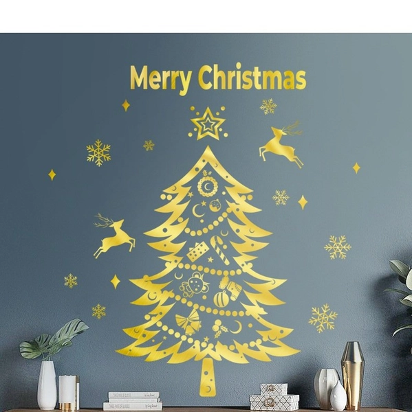 Decal trang trí Cây thông Noel và tuần lộc vàng