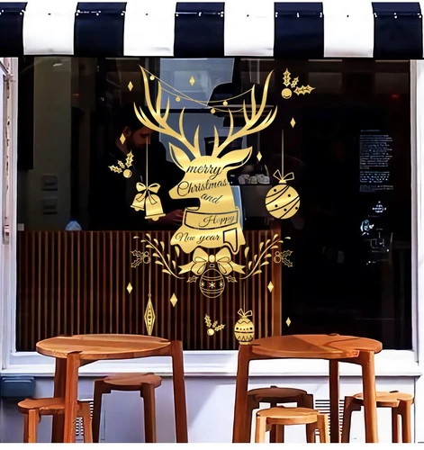 Decal trang trí noel đầu tuần lộc vàng 2021