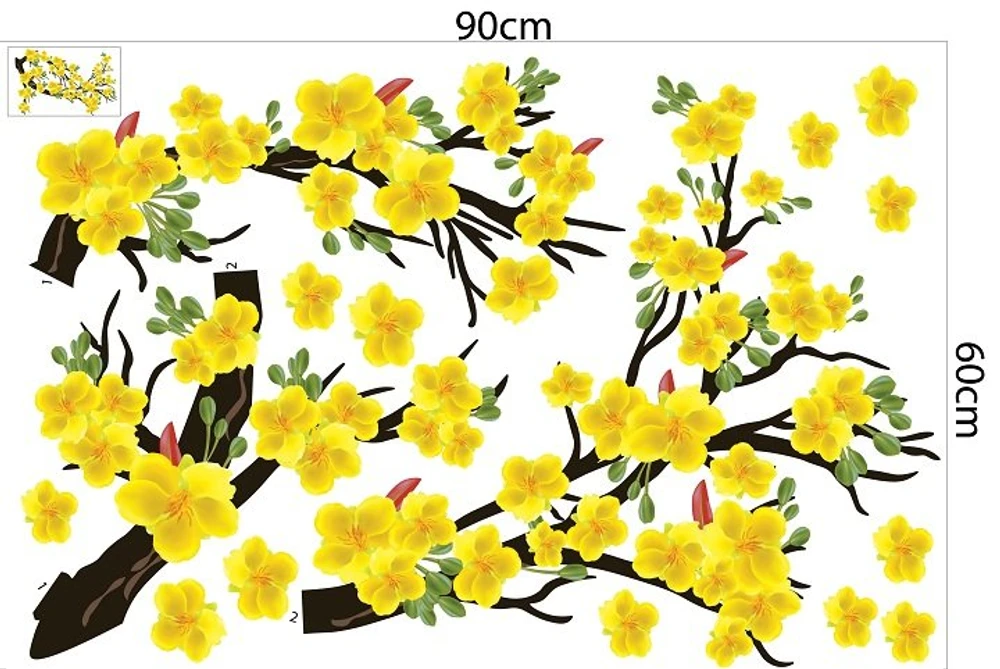 Decal Trang Trí Tết Hoa Mai Vàng Nở Rộ Mừng Năm Mới Mẫu 2