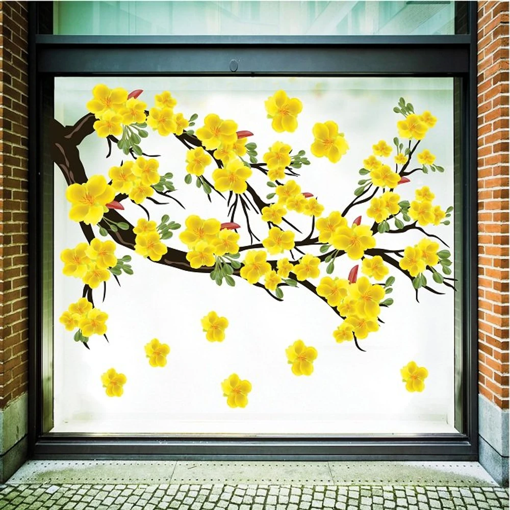 Decal Trang Trí Tết Hoa Mai Vàng Nở Rộ Mừng Năm Mới Mẫu 2
