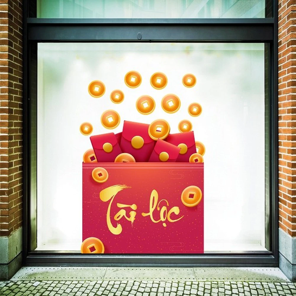 Decal trang trí tết hộp quà đỏ tài lộc