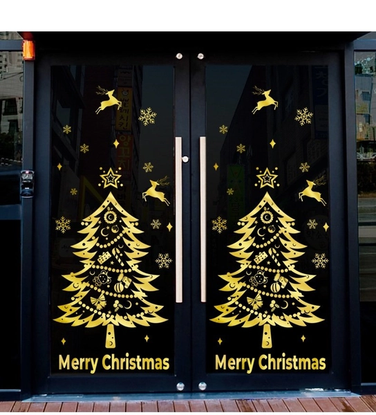 Decal trang trí Cây thông Noel và tuần lộc vàng