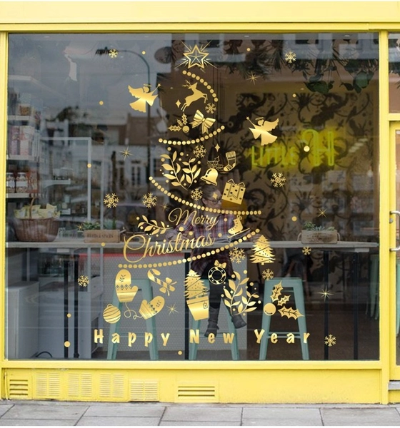 Decal trang trí giáng sinh họa tiết hình cây thông vàng