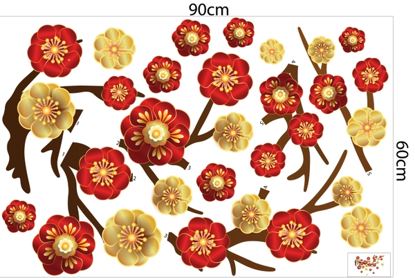 Decal trang trí tết hoa mai hoa đào mẫu 2