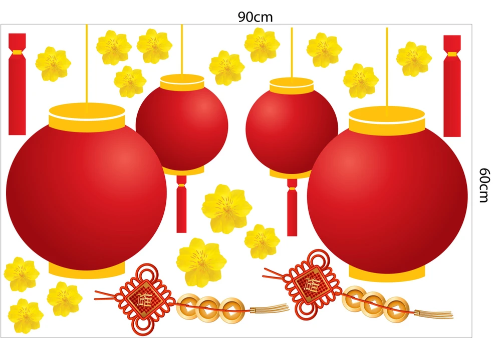 Decal trang trí tết lồng đèn đỏ hoa mai vàng