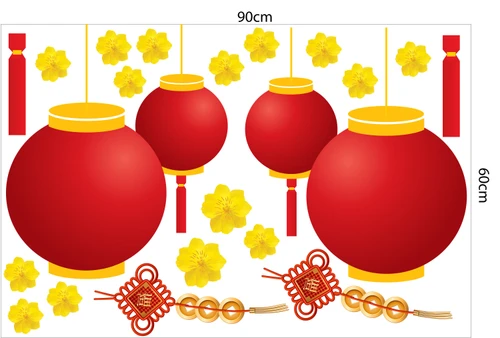Decal trang trí tết lồng đèn đỏ hoa mai vàng