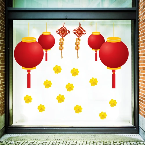 Decal trang trí tết lồng đèn đỏ hoa mai vàng