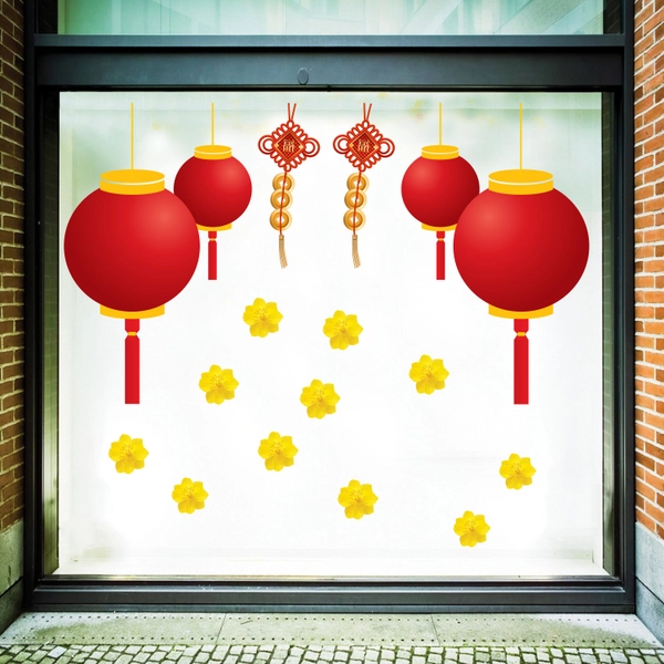 Decal trang trí tết lồng đèn đỏ hoa mai vàng