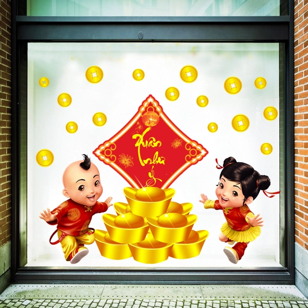 Decal trang trí tết hai đứa trẻ xuân như ý