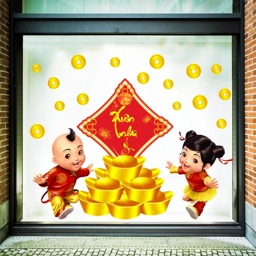 Decal trang trí tết hai đứa trẻ xuân như ý