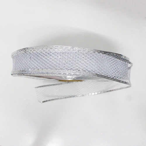 Cuộn dây ruy băng không họa tiết lưới bạc 10m