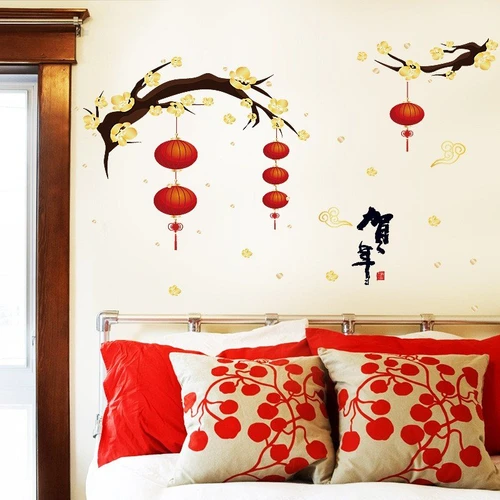 Decal trang trí tết lồng đèn treo cành mai