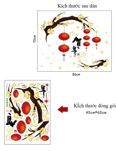 Decal trang trí tết lồng đèn treo cành mai