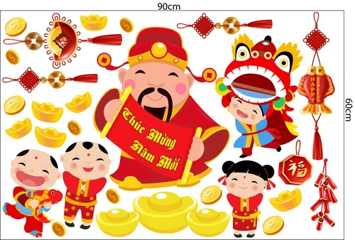 Decal trang trí tết Thiếu nhi múa lân và Thần tài đón tết