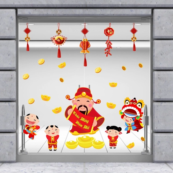 Decal trang trí tết Thiếu nhi múa lân và Thần tài đón tết