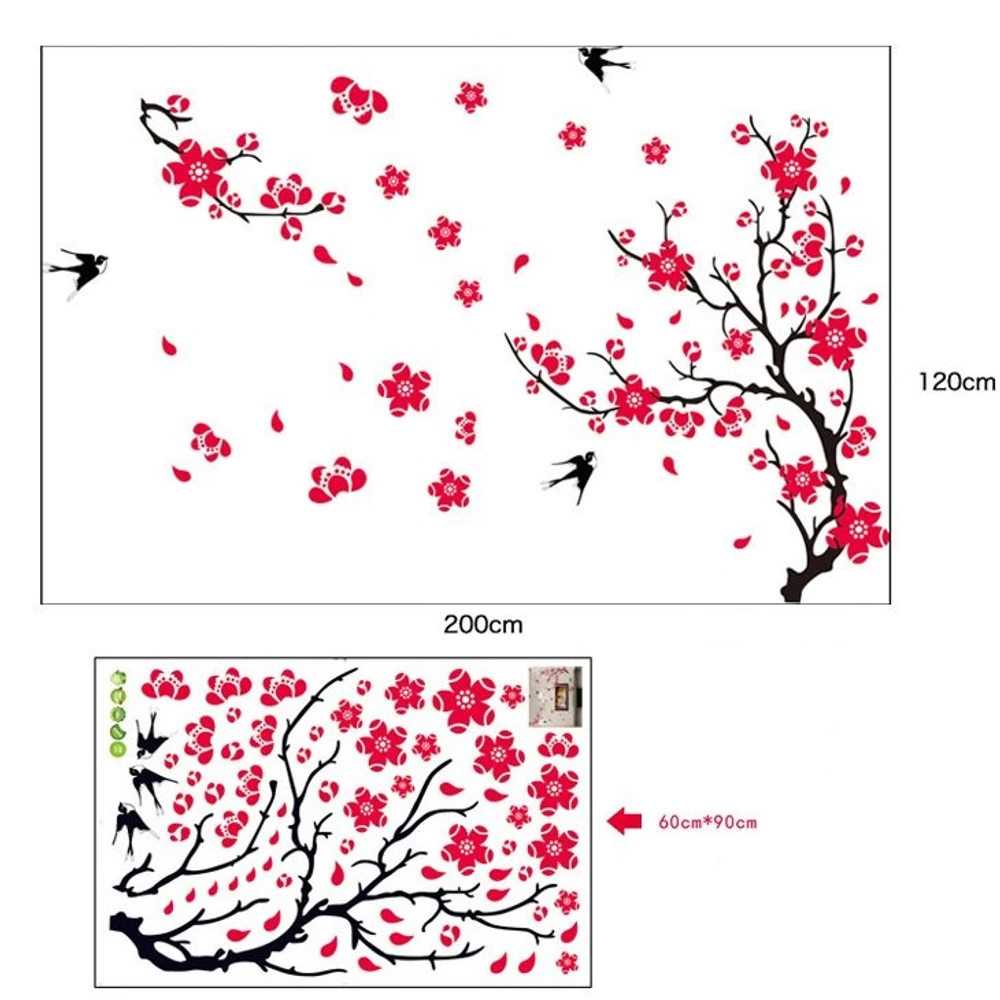Decal tết cành đào đỏ và chim én mùa xuân